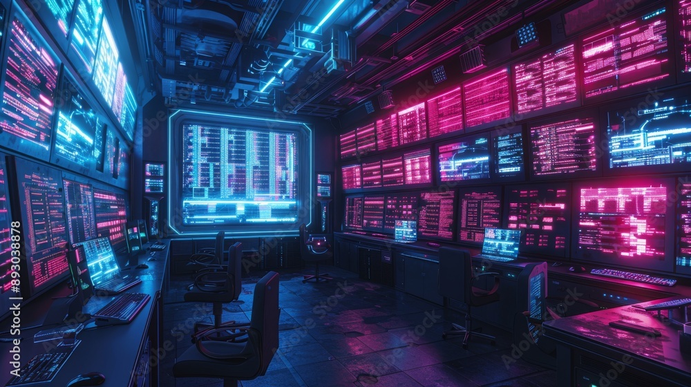 Obraz premium A Room Full of Computer Monitors and Keyboards With Neon Lights on the Wall Behind Them - Generative AI