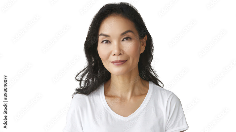 Half body portrait of a serene Thai meditation instructor in her 40s in a white T-shirt Half body portrait of a serene Thai meditation instructor in her 40s in a white T-shirt