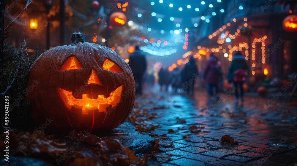 A Carved Pumpkin Is Lit up at Night on a Cobblestone Walkway - Generative AI A Carved Pumpkin Is Lit up at Night on a Cobblestone Walkway - Generative AI