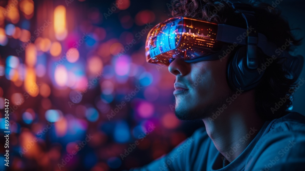 A Close up of a Man Wearing Virtual Reality Goggles With Colorful Lights in the Background - Generative AI A Close up of a Man Wearing Virtual Reality Goggles With Colorful Lights in the Background - Generative AI