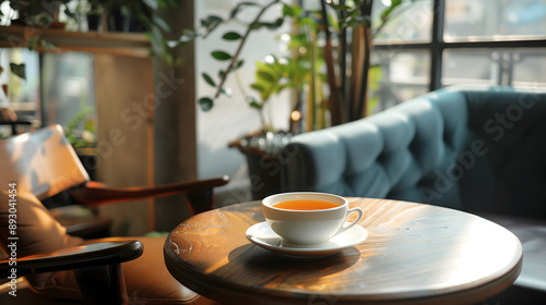 A relaxed seating area in a cafe, featuring a warm cup of tea, inviting patrons to unwind