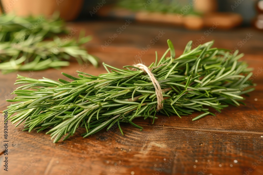 Aromatic Fresh Rosemary Bundle Tied with String on Rustic Wooden Table Aromatic Fresh Rosemary Bundle Tied with String on Rustic Wooden Table