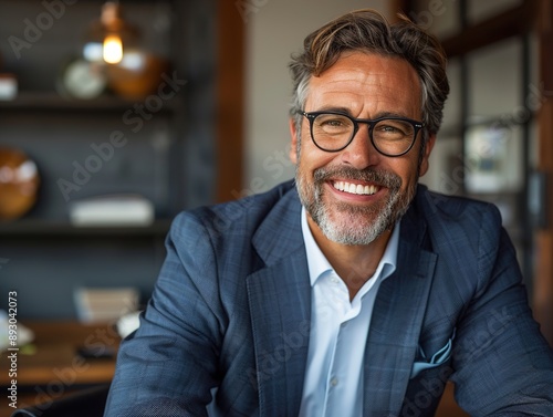 Confident Middle-Aged Businessman in Suit and Glasses in Executive Office