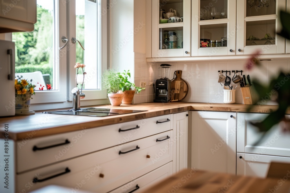 Interior of a modern kitchen with white cabinets and wooden cupboards Interior of a modern kitchen with white cabinets and wooden cupboards