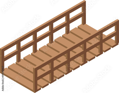 Simple wooden footbridge with railings spanning a stream or river in isometric view
