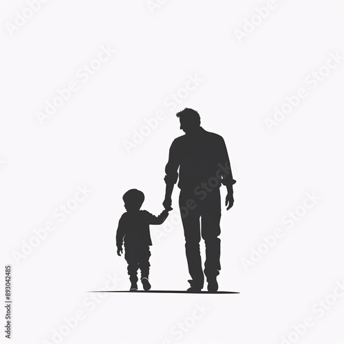 Black silhouette of parent with their kid holding hands isolated on white background, suitable for fathers day or parents day family card.
