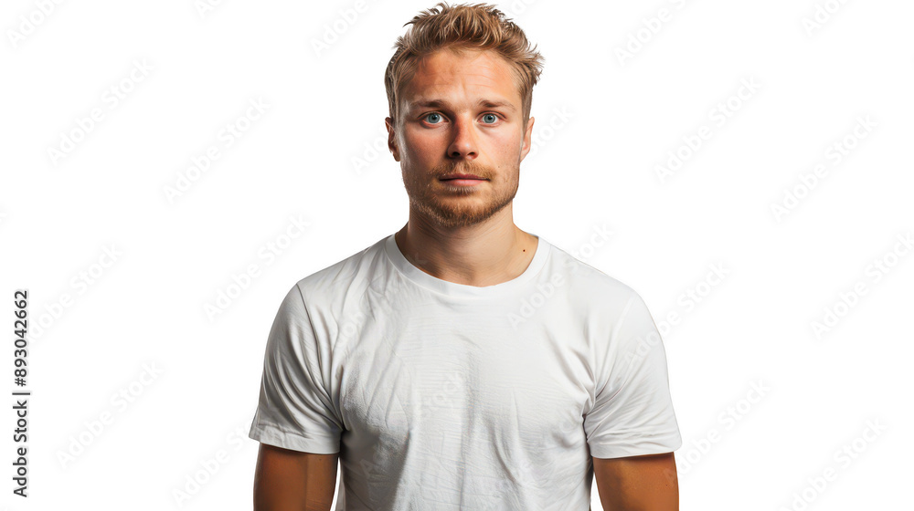 Half body portrait of a focused Finnish biathlete in his 20s in a white T-shirt Half body portrait of a focused Finnish biathlete in his 20s in a white T-shirt