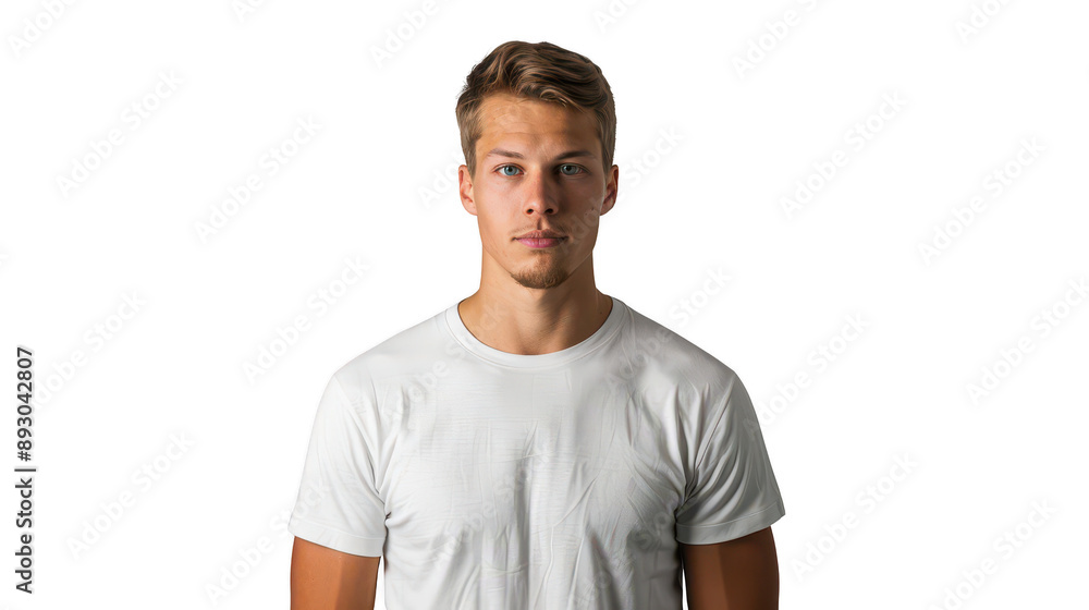 Half body portrait of a focused Finnish biathlete in his 20s in a white T-shirt Half body portrait of a focused Finnish biathlete in his 20s in a white T-shirt