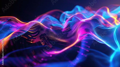 Abstract composition of flowing neon waves with holographic highlights, perfect for creative and tech-focused projects --ar 16:9 Job ID: b19852dd-a3ba-4165-a782-e0b518b45293