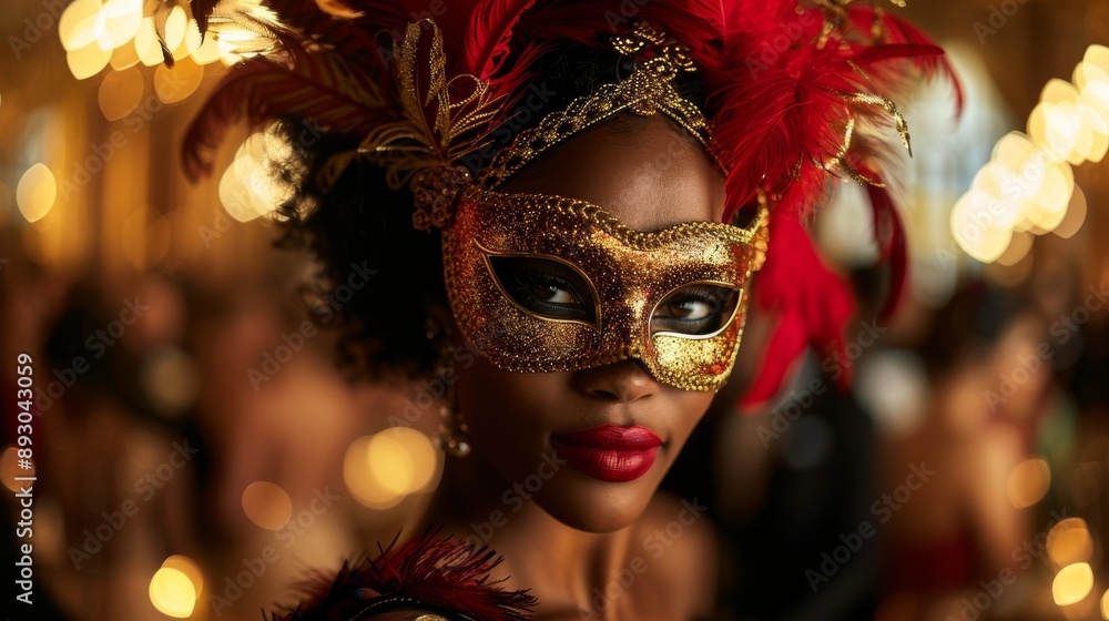 A Close up of a Woman in a Masquerade Mask With Red Feathers on Her Head - Generative AI A Close up of a Woman in a Masquerade Mask With Red Feathers on Her Head - Generative AI