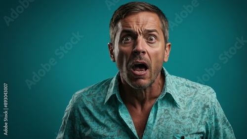 Shocked Man on Turquoise Background with an expression of shock, mouth agape, wearing a turquoise shirt.