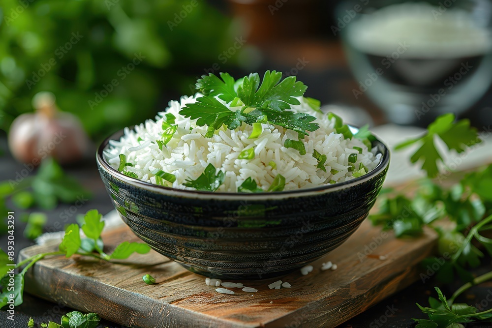 Fragrant Basmati Rice with Fresh Herbs on Dark Textured Background Fragrant Basmati Rice with Fresh Herbs on Dark Textured Background