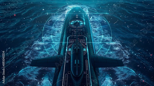 Military submarine in deep ocean equipped with futuristic digital sonar radar technology for navy missions world defense underwater surveillance ensuring advanced strategic naval operations concept.