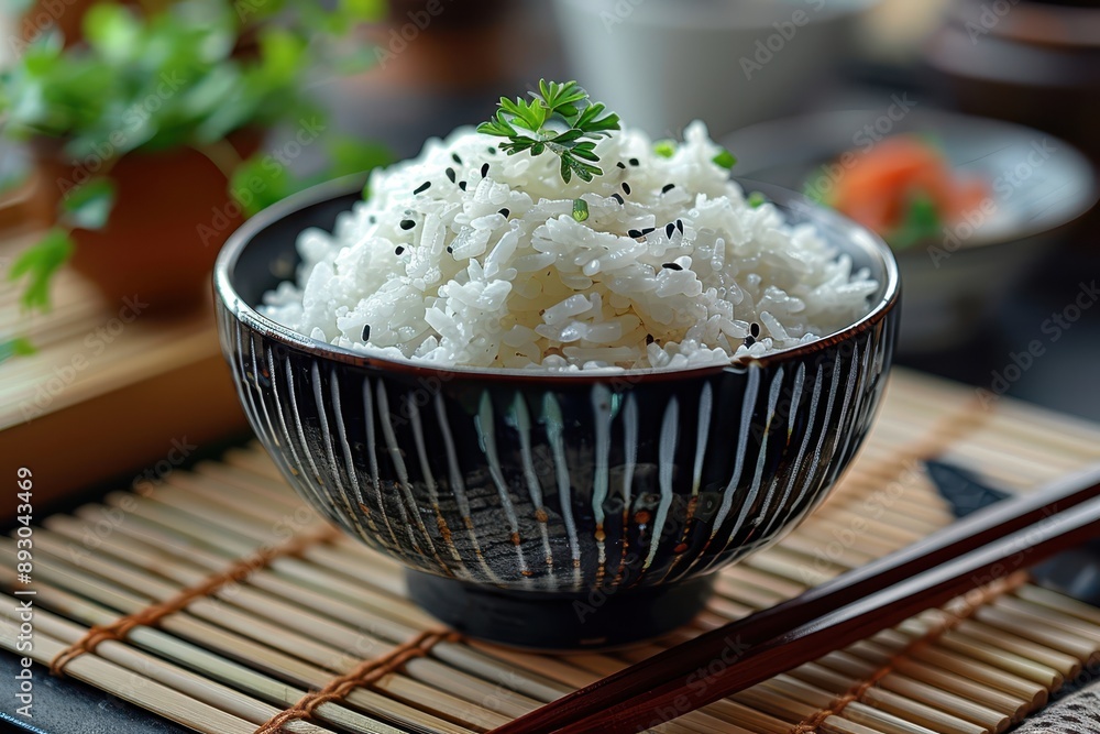 Zen Concept: Authentic Japanese Rice Bowl with Sushi Rice and Chopsticks on Bamboo Mat Zen Concept: Authentic Japanese Rice Bowl with Sushi Rice and Chopsticks on Bamboo Mat