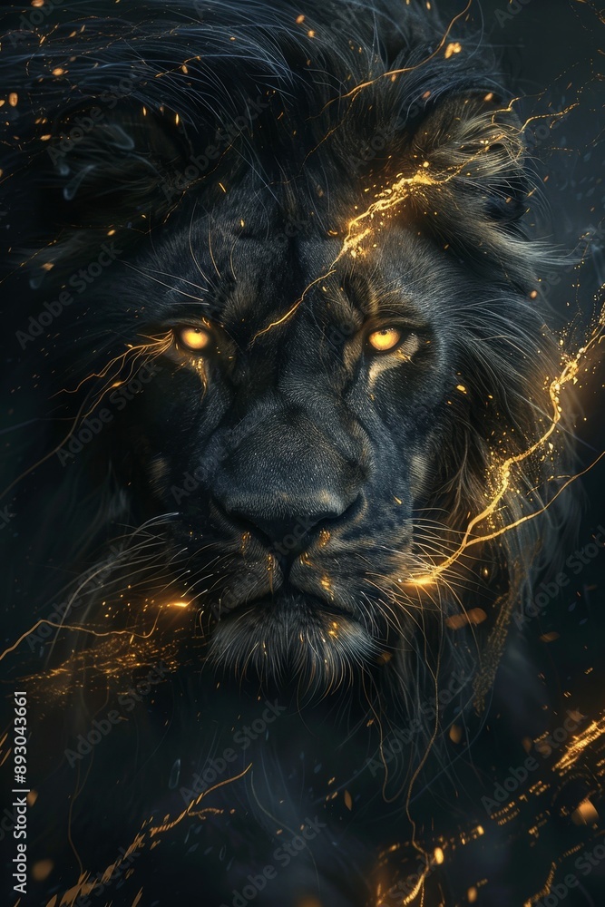 Naklejka premium A striking portrait of a lion illuminated by golden sparks, symbolizing strength and majesty in a mystical atmosphere.