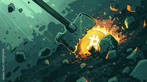 Concept art depicting a Bitcoin being mined. An axe strikes the ground, releasing a glowing Bitcoin symbol amidst rocks. photo