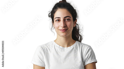 Half body portrait of an enthusiastic Israeli archaeologist in her 30s in a white T-shirt