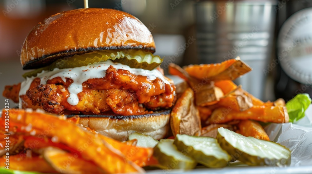 Spicy buffalo chicken sandwich with ranch dressing and pickles, served with sweet potato fries Spicy buffalo chicken sandwich with ranch dressing and pickles, served with sweet potato fries