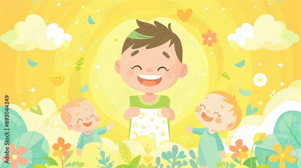 Joyful cartoon of kids playing in a sunny garden, surrounded by happy flowers and vibrant plants, creating a cheerful atmosphere. Joyful cartoon of kids playing in a sunny garden, surrounded by happy flowers and vibrant plants, creating a cheerful atmosphere.