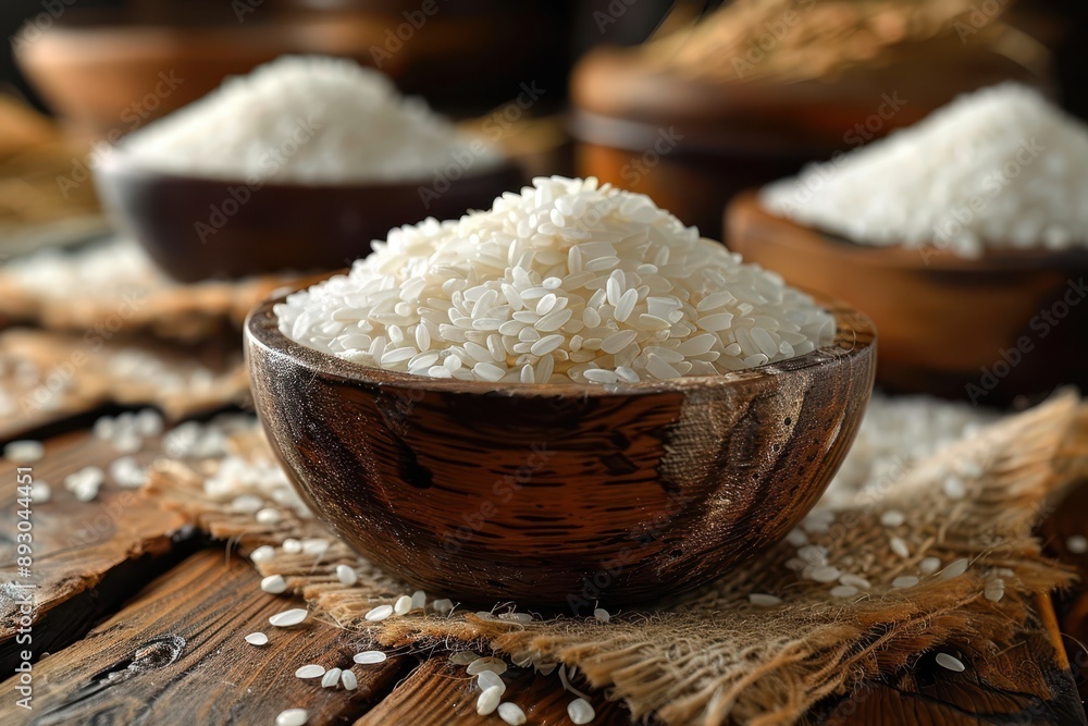 Close-up of Rice Grains in Wooden Measuring Cup on Rustic Table with Burlap Cloth Background Close-up of Rice Grains in Wooden Measuring Cup on Rustic Table with Burlap Cloth Background