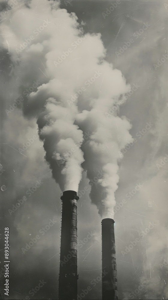 Toned monchrome image with billowing smoke coming from two chimneys. Please note that limited film grain has been added during image processing Toned monchrome image with billowing smoke coming from two chimneys. Please note that limited film grain has been added during image processing