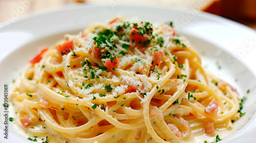 Pasta alla Carbonara - A plate of spaghetti with creamy carbonara sauce, garnished with pancetta and parmesan