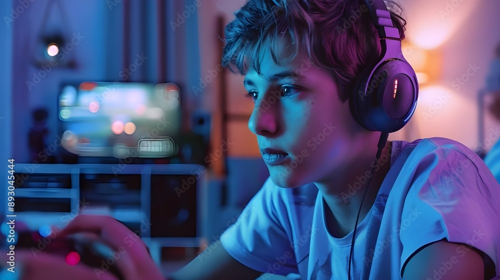 Young players play games wearing headsets. Young players play games wearing headsets.