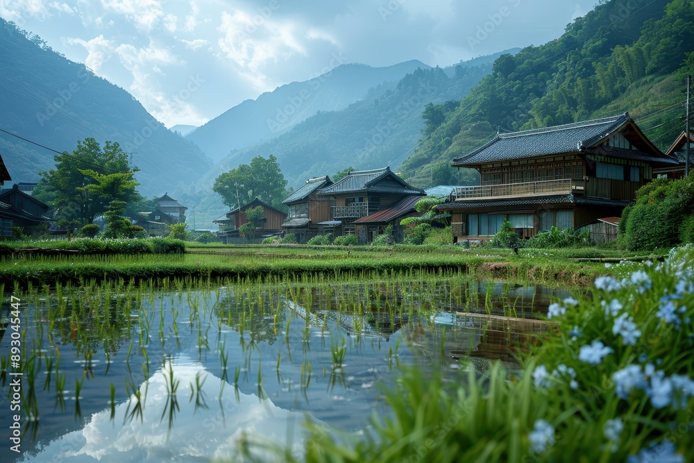 Fototapeta premium Serene Rice Field Landscape with Traditional Village Set Among Hills
