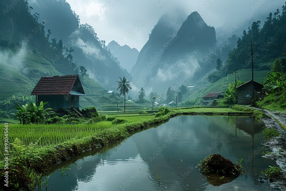Fototapeta premium Mystical Rice Field in Valley Surrounded by Mist-Covered Mountains