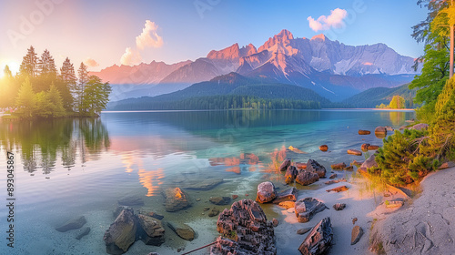 Impressive summer sunrise on Eibsee lake with Zugspitze mountain range. Sunny outdoor scene in German Alps, Bavaria, Germany, Europe. Beauty of nature concept background. photo