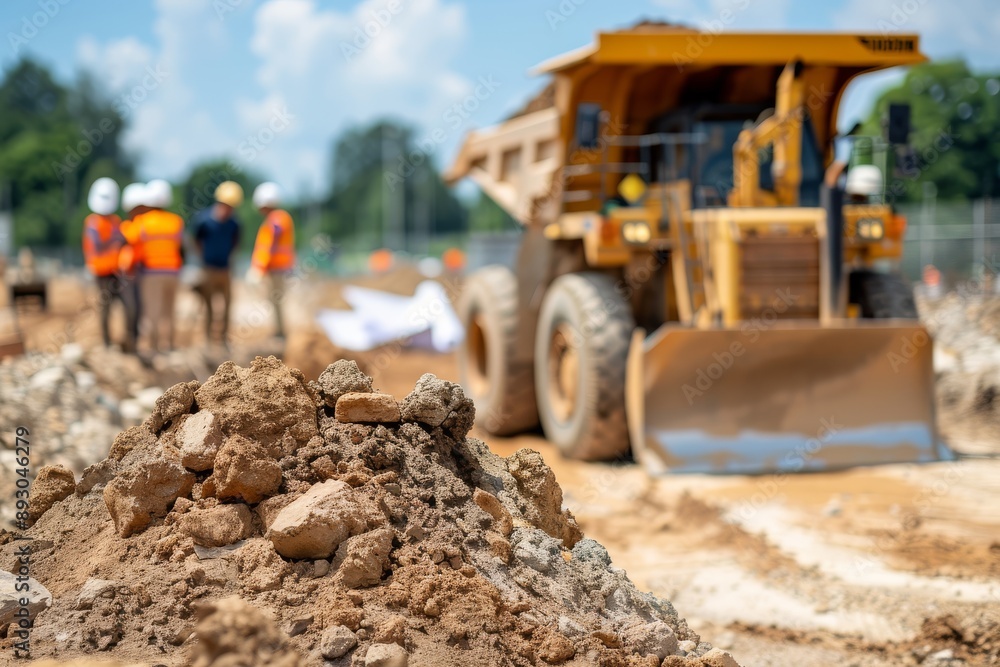A busy construction site teeming with activity. A bulldozer pushes a pile of dirt towards a waiting dump truck. In the distance, a group of construction workers huddle around a blueprint A busy construction site teeming with activity. A bulldozer pushes a pile of dirt towards a waiting dump truck. In the distance, a group of construction workers huddle around a blueprint