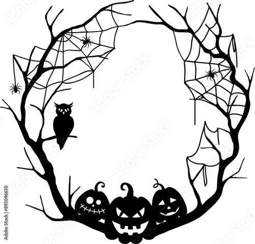 Halloween grunge black frame with eerie pumpkins, owl and cobwebs on tree branches, Isolated vector decorative border or vignette, encapsulate the spooky spirit of the season, and chilling delights