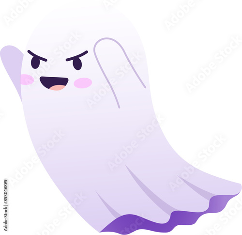 Halloween kawaii ghost character with mischievous face and raised arms playfully saying boo, while trying to frighten. Cartoon vector cute, charming, spooky and adorable spirit flying at holiday night