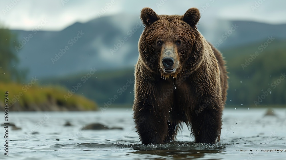Brown bear Ursus Arctos stands in the water behind mountains Katmai National Park Alaska USA : Generative AI Brown bear Ursus Arctos stands in the water behind mountains Katmai National Park Alaska USA : Generative AI