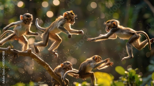 A Group of Baby Monkeys Jumping up and Down on a Branch in the Jungle - Generative AI