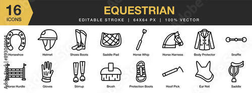 Set of 16 Equestrian icon set. Editable Stroke Icon Collection. Includes brush, gloves, saddle pad, horse whip, snaffle, stirrup, and More. Outline icons vector collection.