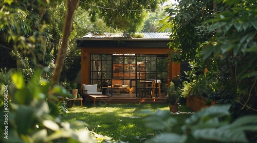 Backyard with wooden shed and furniture surrounded with lush trees and plants seen through modern window of house : Generative AI photo