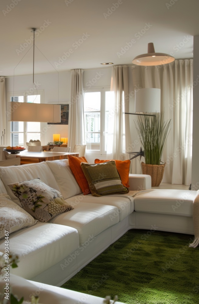 Interior of modern living room with white sofa and orange pillows Interior of modern living room with white sofa and orange pillows
