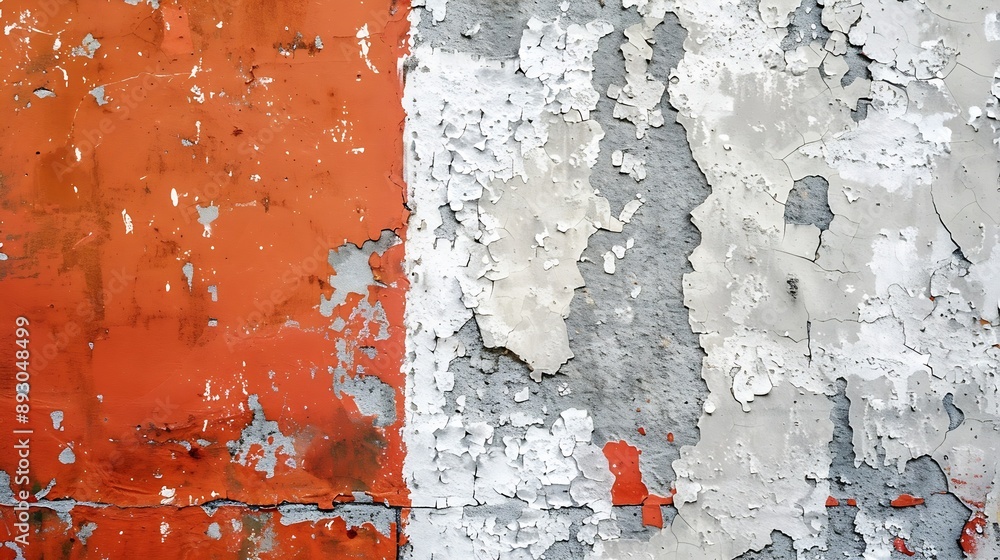 Fototapeta premium Closeup of colorful gray orange red urban wall texture with white white paint stroke Modern pattern for design Creative urban city background Grunge messy street style background with : Generative AI