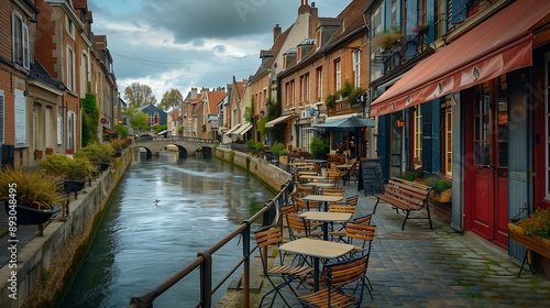 Amiens old town SaintLeu quarter embankment promenade of Somme river street restaurants and cafe typical houses stone bridge in historical city centre France landmarks HautsdeFrance Re : Generative AI photo