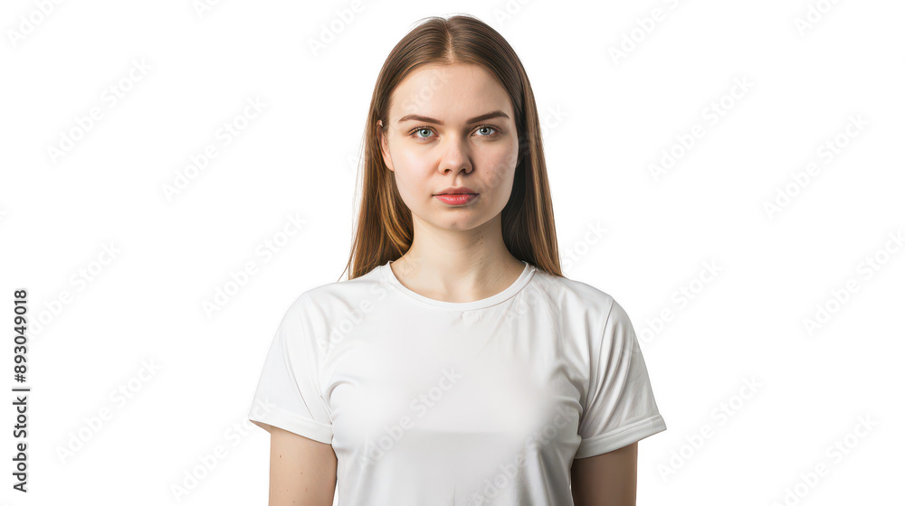 Half body portrait of a focused Estonian programmer in her 20s in a white T-shirt Half body portrait of a focused Estonian programmer in her 20s in a white T-shirt