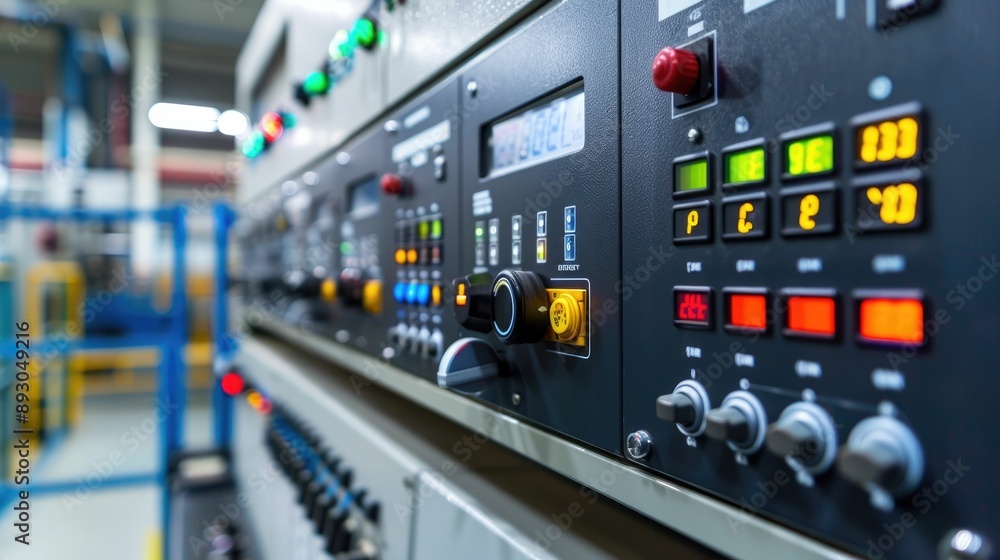 Control panel with digital displays and switches in a factory Control panel with digital displays and switches in a factory