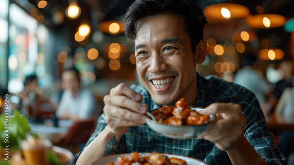 Happy Asian man eating BBQ chicken wings in restaurant : Generative AI Happy Asian man eating BBQ chicken wings in restaurant : Generative AI