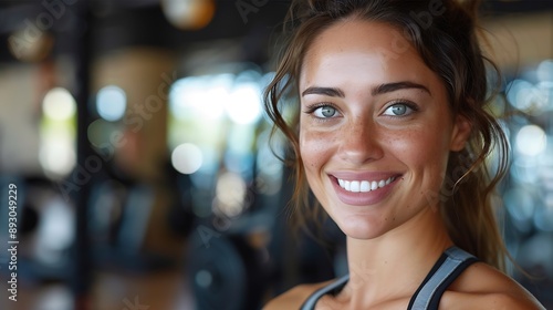 Woman portrait and gym with smile for fitness wellness and health goals on floor with happiness Happy personal trainer flooring and vision for workout training goal and exercise in Los : Generative AI