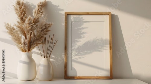 Wooden frame mockup on white table modern beige ceramic vases with dry grass   White wall background Scandinavian interior Copy space : Generative AI