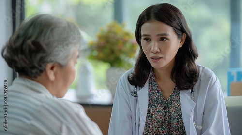 Caucasian woman and elderly Asian woman discuss kidney model issues like gallstones glomerulonephritis acutechronic kidney disease infections abnormal ureters cysts urinary system canc : Generative AI