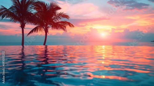Luxury pool sunset palm tree silhouette with windy infinity pool water surface Summer vacation holiday template Stunning sky beachfront hotel resort at tropical landscape tranquil Amaz : Generative AI