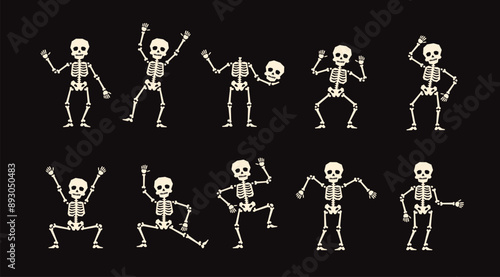 Skeleton dance. Dancing Halloween skeleton characters groove in eerie delight, rattling bones to a haunting beat with their macabre and spirited spooky dance. Vector set of animated dead personages