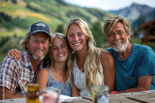 Happy Blended Family Poses for a Unified Portrait Outdoors, Showing Love and Harmony photo