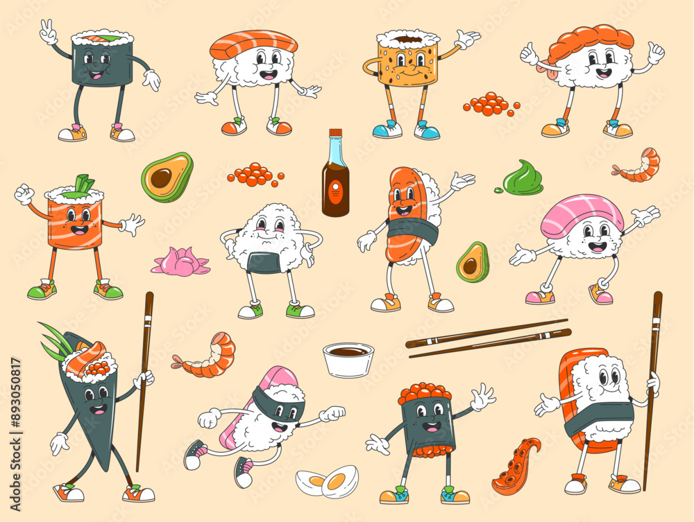 Φωτογραφία Cartoon retro groovy Japanese sushi and roll characters, vector funky personages